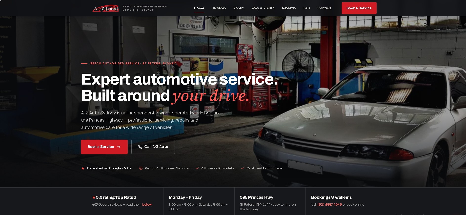 A-Z Auto Sydney after the Syncora redesign — trust-first hero with clear booking CTAs