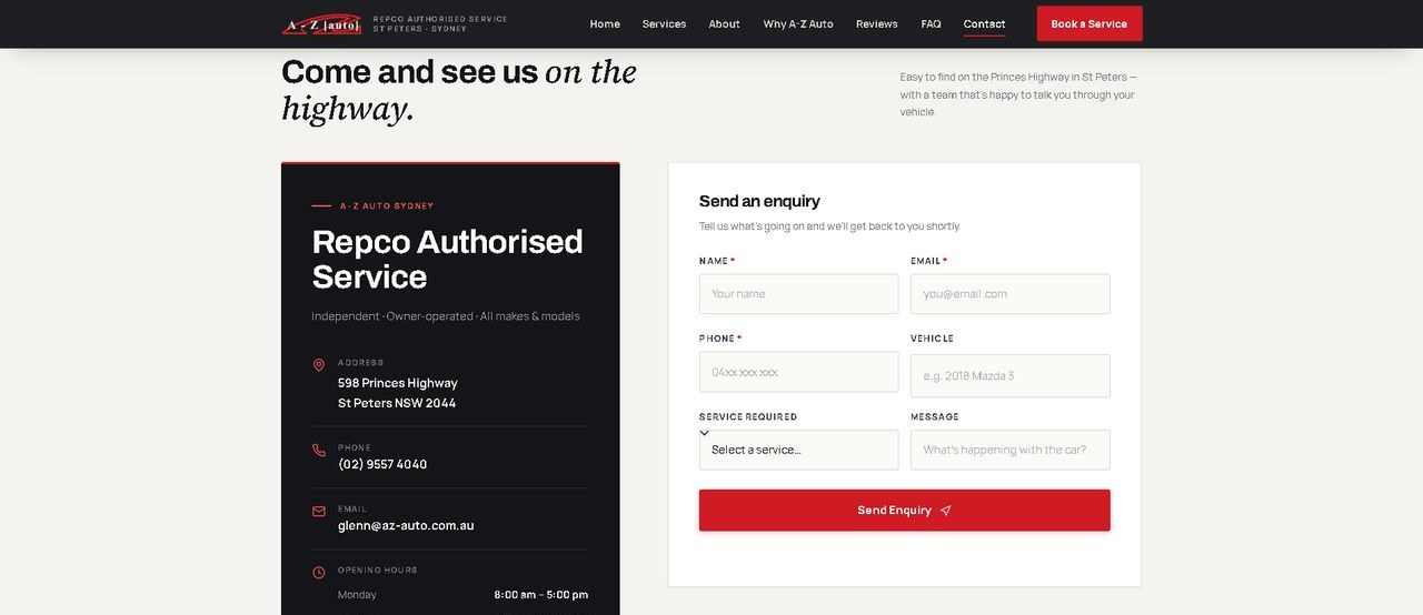Automotive website contact section with enquiry form