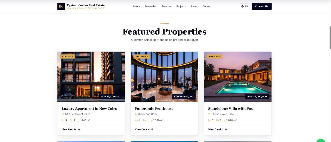 Real estate website featured property cards with prices and details