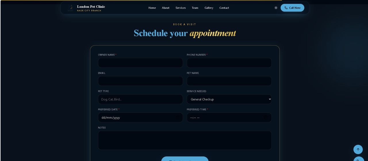 Veterinary website dark theme appointment booking form