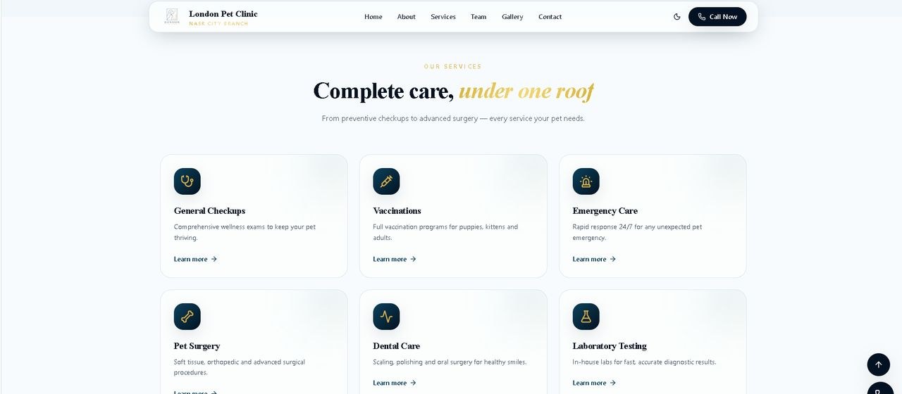 Veterinary website services grid with icons and descriptions